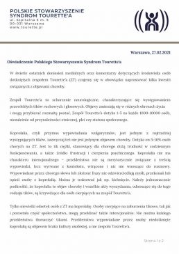 Przedstawiamy oświadczenie Polskiego Stowarzyszenia Syndrom Tourette'a dotycząc...